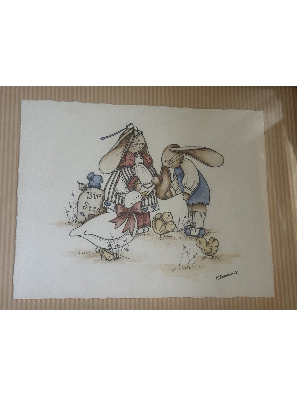 Vtg Framed Watercolor Wall Baby Nursery Child Room Bunnies Birds Goose Signed